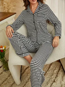 Stylish women's black and white diamond pattern long-sleeved pajama set detail view