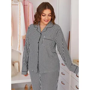 Plus size black and white striped long sleeve pajama set for women, casual loungewear