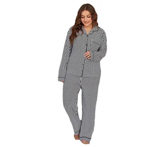 Plus size women's black and white striped pajama set with long sleeves and pants.