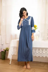 Victorian style blue long sleeve nightgown with elegant lace collar and cuffs detail