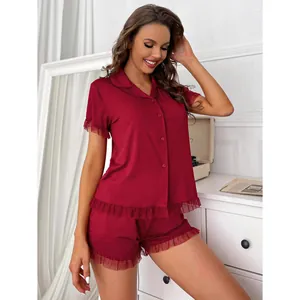 Elegant red lace two-piece summer pajama set for women with delicate mesh ruffles