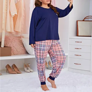 Plus size women's two-piece pajamas set with long sleeve top and plaid heart print pants