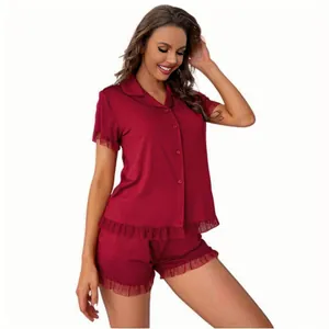 Elegant red short-sleeved lace trim two-piece pajama set for women's summer comfort