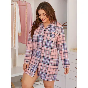 Plus size pink and blue plaid long sleeve pajama shirt dress with button-down front for women