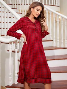 Cozy red checkered long-sleeved nightgown for women, festive Christmas loungewear detail