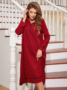 Classic red and black plaid long-sleeved nightgown for women Christmas loungewear detail view