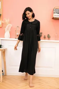 Elegant black palace-style nightgown with delicate lace trim and classic Peter Pan collar