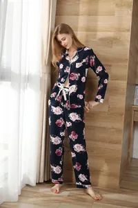 Floral long-sleeve pajama set with button-down top and matching pants