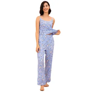 Elegant women's blue floral pajama set featuring a camisole top and long pants loungewear