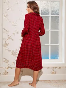 Back view of elegant red checkered long sleeve nightdress with a comfortable loose fit