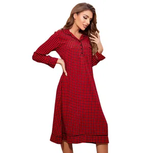 Red and black plaid long-sleeved nightdress with V-neck button-down collar for women