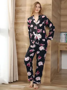 Floral long-sleeve two-piece pajama set for women in elegant home setting