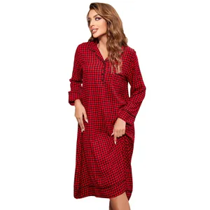 Comfortable long-sleeved red checkered Christmas nightgown for women in loose casual style