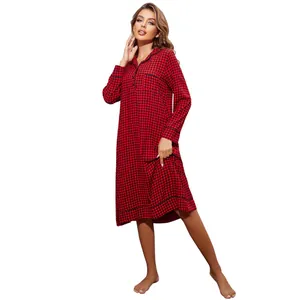 Full-length red and black buffalo plaid nightgown with long sleeves on model.
