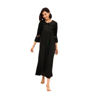 Elegant black palace style long-sleeved nightgown with lace detailing on collar and sleeves