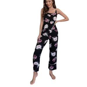 Floral print two-piece pajama set with camisole and long pants for women.