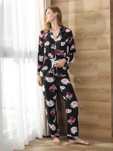 Elegant floral print pajama set for women with long sleeve button-down top and pants