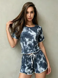 Full view of women's blue tie-dye pajama set with lettuce-edge hem and drawstring