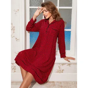 Women Christmas Buffalo Plaid Long Sleeve Viscose Nightdress Button-Down Lapel Loose Sleepwear Red Plaid Loungewear