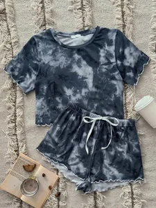 Comfortable grey tie-dye short sleeve pajama set for women with ruffled lettuce hem