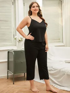 Elegante set pigiama a canotta nero taglie forti con bordo in pizzo da donna...
