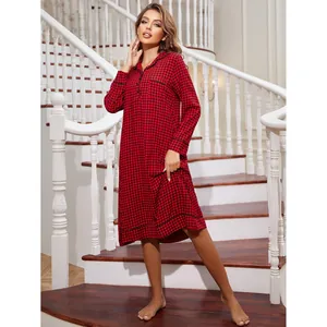 Cozy red plaid long-sleeved nightgown for women, festive Christmas loungewear