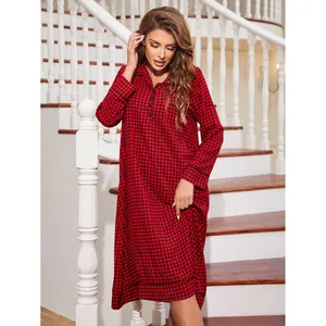 Festive red buffalo plaid long-sleeved nightgown for women's Christmas loungewear