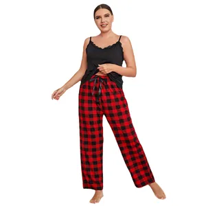 Ensemble de pyjama grande taille pour femme, caraco en dentelle noire et pantalon à carreaux