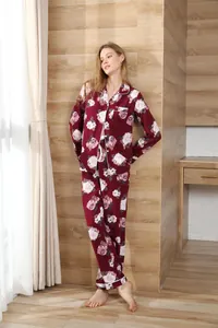 Floral maroon long-sleeve pajama set for women with elegant white piping detail