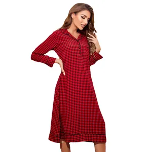 Festive red plaid long-sleeved nightgown for women with a comfortable loose loungewear fit