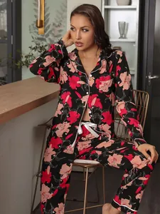 Stylish women's floral print pajama set featuring long sleeves and pants for home wear