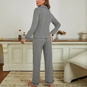 Women's black and white checkered long-sleeve pajama set with button-down top and pants
