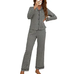 Classic black and white checkered long-sleeve pajama set with comfortable lounge pants