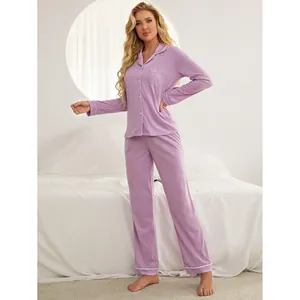 Premium women's two-piece lavender long-sleeve pajama set with elegant white piping accents