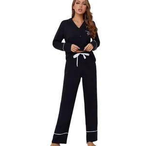 Conjunto de pijama de 2 piezas para mujer con manga larga y pantalón negro con ribete blanco