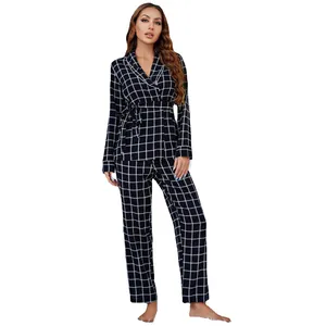 Ensemble de pyjama 2 pièces pour femmes à carreaux avec manches longues et ceinture