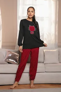 Set pigiama due pezzi da donna con stampa gatto e pantaloni rossi a quadri Buffalo