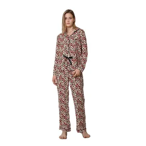 Women's leopard print long sleeve pajama set with button-down top and long pants