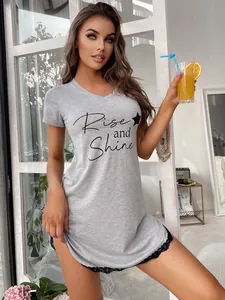 Elegant grey short sleeve V-neck nightgown with black lace trim and Rise and Shine print