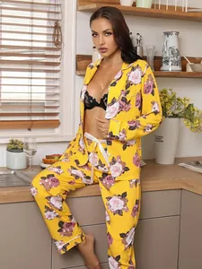 Women's yellow rose floral print long sleeve pajama set with button-up top and trousers