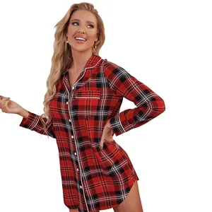 Close-up of a blonde woman wearing a red plaid long-sleeve button-down nightshirt with collar