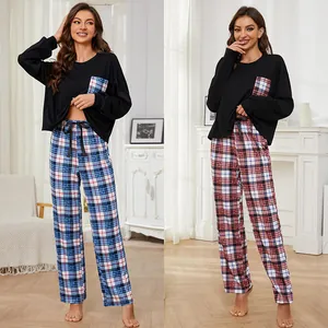 Women's Western Style Plaid Pajama Set Long Sleeve Round Neck Top And Bottom Casual Loungewear For Autumn Winter