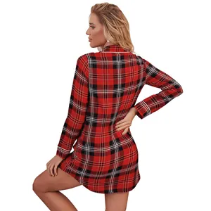 Rear view of a red plaid long-sleeved nightshirt with white piping detail