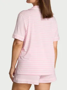 Back view of pink striped short sleeve pajama set for women, soft cotton lounge wear.