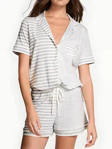 Detailed macro shot of blue and white striped women's summer pajama set with lapel
