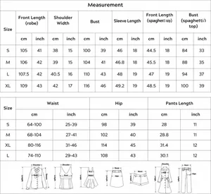 Detailed measurement chart for women's three-piece pajama set including robe and shorts