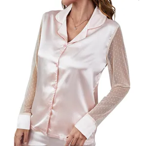 Elegant pink satin pajama top featuring long sheer polka dot mesh sleeves and lapel