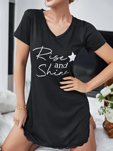 Comfortable black V-neck short sleeve nightgown with white 'Rise and Shine' print and star
