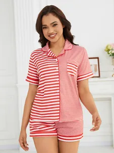 Detail view of women's red striped pajama set with short sleeves and matching shorts