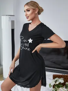 Elegant black V-neck short sleeve sleep dress with Rise and Shine print and lace hem.